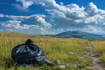 Scenic trail spoiled by litter, black plastic bag amidst mountain grasslands. Concept of environmental consciousness in natural trekking routes - 790192170