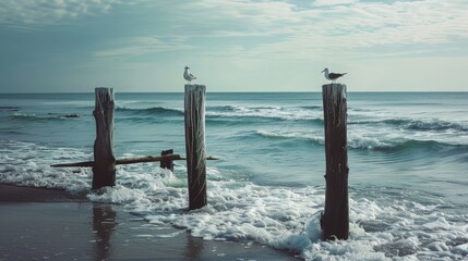 birds on a wooden post in the ocean