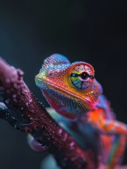 A colorful lizard is perched on a branch. The lizard is multicolored and has a bright green head