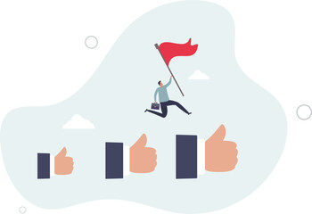 businessman jumping up giant hand growth ladder to progress.flat vector illustration.