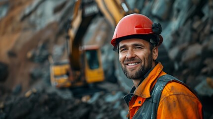 Portrait of happy smiling working man in helmet and work clothes near the excavator on career