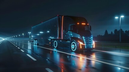 Futuristic Technology Concept: Autonomous Semi Truck with Cargo Trailer Drives at Night on the Road with Sensors Scanning Surrounding. Special Effects of Self Driving Truck Digitalizing Freeway - obrazy, fototapety, plakaty