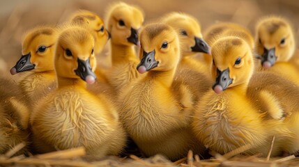 A group of fluffy yellow ducklings huddled together in a straw-filled nest. - obrazy, fototapety, plakaty