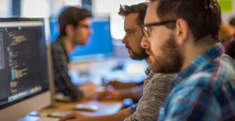 Three men are working on a computer, one of them wearing glasses