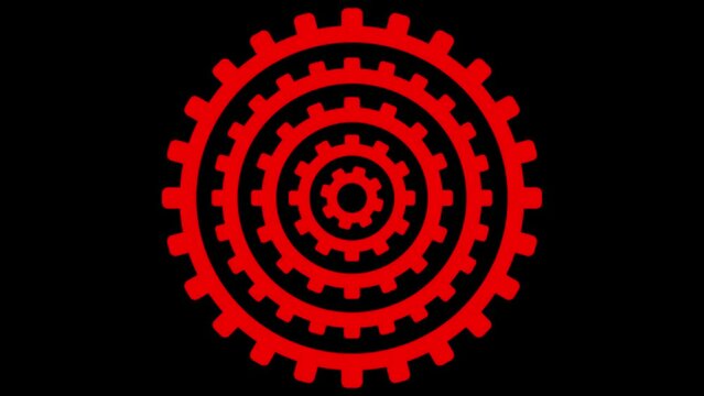 Five red gears rotating in different directions isolated on black background. Looping technology background animation.