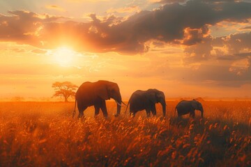 A heartwarming scene of an endangered elephant family in a savanna, a calm sunset in the background, space for text at the bottom