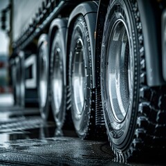 Black truck wheels with closeup of tire treads.
