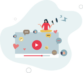 woman with megaphone on video media player. live stream or media clip to promote brand,flat vector illustration.