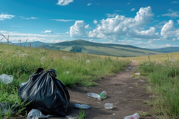 Mountain meadow tarnished by litter, black plastic bag on hiking path. Concept of preserving natural beauty and environmental responsibility - 790192767