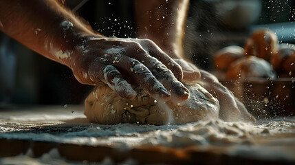 Close-up of baker's hands kneading dough with flour on a wooden surface - obrazy, fototapety, plakaty