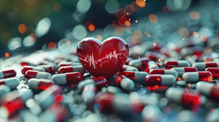 Concept of medicine healthcare and pharmacy heart shaped pills and drugs with heart rhythms - obrazy, fototapety, plakaty