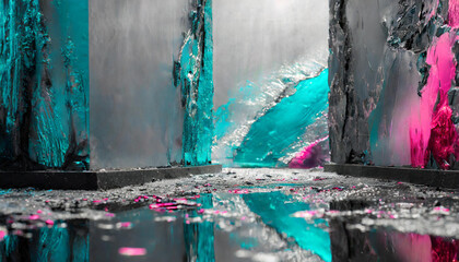 Cool tones abstract art background with teal, fuchsia and metallic textures. Puddle with reflection.