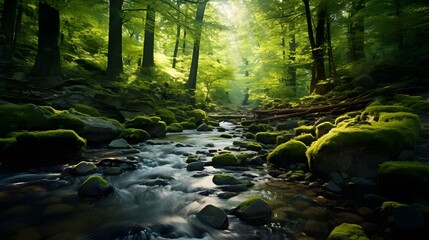 Magnificent mountain range, serene environment, bubbling water, and wilderness exploration A forest panorama with the morning sun shining over a moss-covered glade