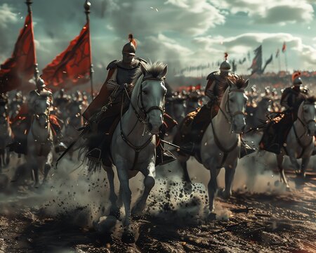 Utilize CG 3D rendering to showcase a pivotal historical event from a frontal perspective but with a twist of unconventional camera angles Infuse surreal details to offer a fresh and imaginative reint