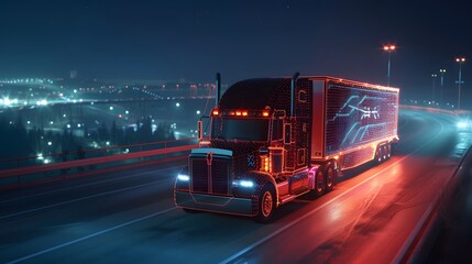 Futuristic Technology Concept: Autonomous Semi Truck with Cargo Trailer Drives at Night on the Road...