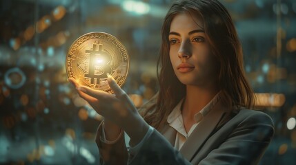 portrait of a woman holding Bitcoin