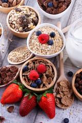 Bowls with different sorts of breakfast cereal products - 790193357