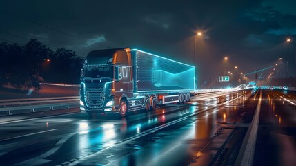 Futuristic Technology Concept: Autonomous Semi Truck with Cargo Trailer Drives at Night on the Road with Sensors Scanning Surrounding. Special Effects of Self Driving Truck Digitalizing Freeway