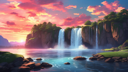 Anime-Style Waterfall Sunset with Cloud Aesthetic Wallpaper