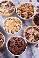Bowls with different sorts of breakfast cereal products