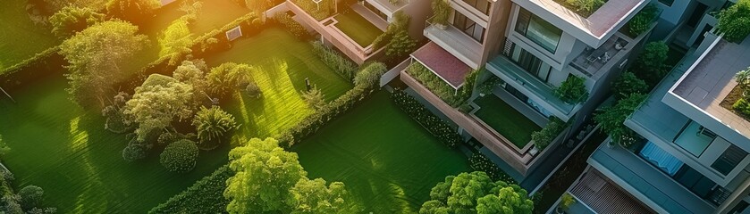 A high-angle shot of a residential compound using greywater recycling for landscaping, green lawns and plants, text space on the right