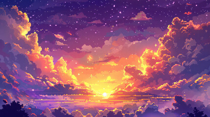 A pixel art scene of a majestic sunset with fluffy clouds dotted with twinkling stars