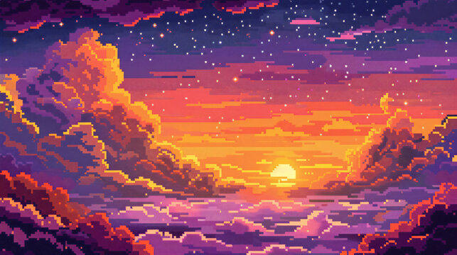 A pixel art scene of a majestic sunset with fluffy clouds dotted with twinkling stars