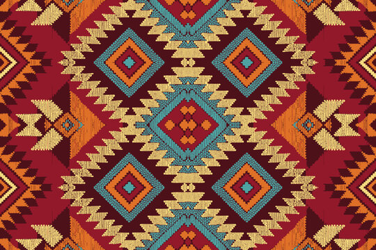 Ethnic abstract ikat art. Seamless pattern in tribal, folk embroidery, and Mexican style. Aztec geometric art ornament print.Design for carpet, wallpaper, clothing, wrapping, fabric, cover, textile