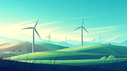 Poster A landscape showing wind turbines operating under a clear sky, representing renewable energy. , background © Катерина Євтехова
