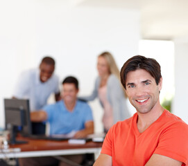 Casual, businessman and happy in portrait at job with colleagues, working or office or smile. Male...