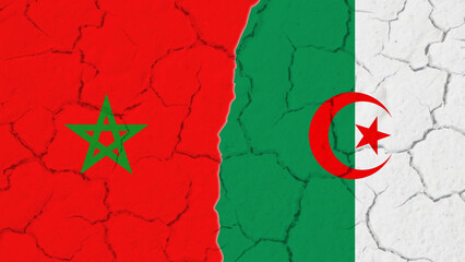 Morocco-Algeria relations. ALGERIA vs MOROCCO. Morocco and Algeria flags. Flag of Morocco and Algeria. Morocco and Algeria painted flags with grunge texture. Moroccan and Algerian flags together.