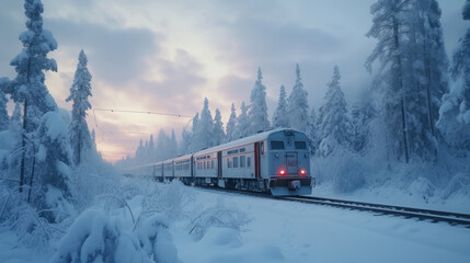 train running in the snowy weather - obrazy, fototapety, plakaty