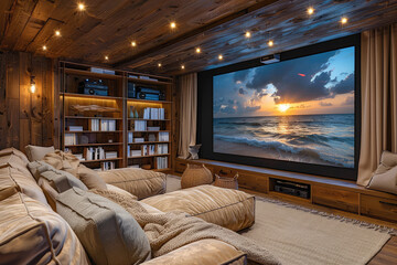 A cozy home theater with plush seating, soft blankets, and an overhead projector showing a movie on the large screen. Created with Ai - obrazy, fototapety, plakaty