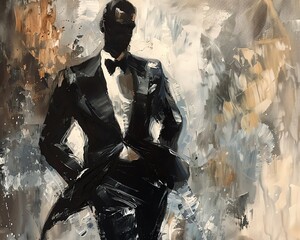 Craft an acrylic painting of a suave secret agent in a sleek tuxedo, in a tilted angle pose, showcasing intricate details and a sense of mystery - obrazy, fototapety, plakaty