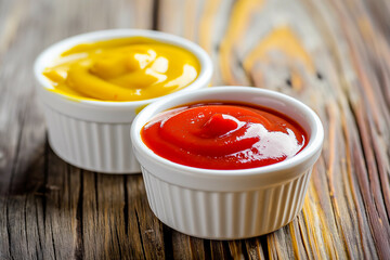 cup of hot and tasty yellow dijon mustard paste and red ketchup, closeup