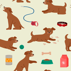 Cute puppies and pet products food, toys. Color background. Seamless pattern. - obrazy, fototapety, plakaty