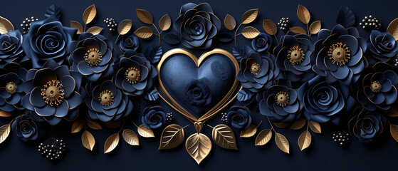 background with roses flowers frames gold hearts, and a beautiful banner, with copy space.
