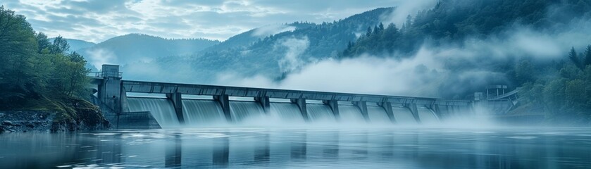 A powerful image of water flowing through a hydroelectric dam, surrounded by misty mountains, with text space on the right