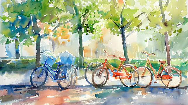 A depiction of bicycles in a park setting, rendered in watercolors to promote non-polluting transportation and a healthier environment. , watercolor painting, background