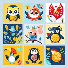 A playful array of nine cartoon birds, each with unique patterns and cheerful colors, presented in a bright grid format ideal for children's educational content..