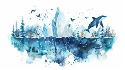 Symbols of climate change such as melting icebergs and endangered species, creatively illustrated in watercolors and arranged on a white background to raise awareness. , watercolor