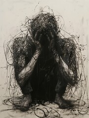 Depressed Man Squatting: Black Paint Splatter Painting

