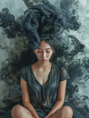 Abstract Painting: Young Asian Woman in Meditation Pose with Black Liquid Smoke Effect

