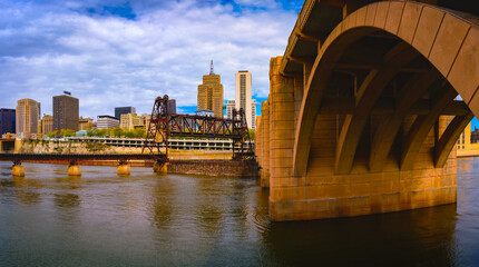 St. Paul City in Minnesota, skyline, skyscrapers, and the Robert Street Bridge over Mississippi...