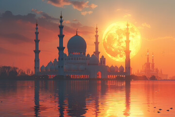 Obraz premium A silhouette of the iconic mosque in the west with an orange sunset and moon reflection on the water. The sun sets behind it, casting long shadows over its white walls and domes. Created with Ai
