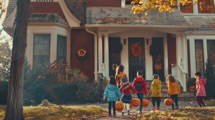 Children in costumes go from house to house for sweets and candy on Halloween. little kids for Halloween and pumpkin