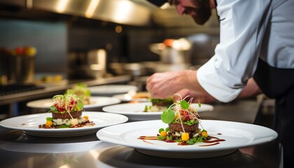 A gourmet chef plating a sophisticated dish in a highend restaurant kitchen, perfect for culinary excellence and fine dining experiences