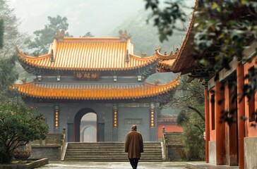 Man approaching Buddhist temple