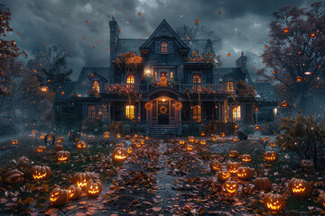  A beautiful house surrounded by pumpkins and Halloween decorations, on an October night with foggy weather. Created with Ai