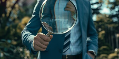 Businessman looking through a magnifying glass, searching, monitoring the situation, Generative AI.